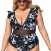 One Piece Swimsuit Plus Size V Neck Ruffle Mesh Bathing Suit