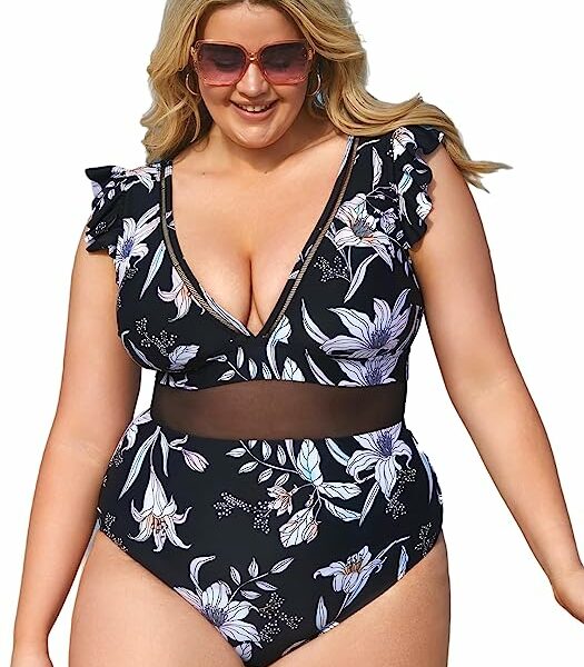 One Piece Swimsuit Plus Size V Neck Ruffle Mesh Bathing Suit