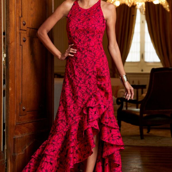 High Neck Lace Ruffle Gown