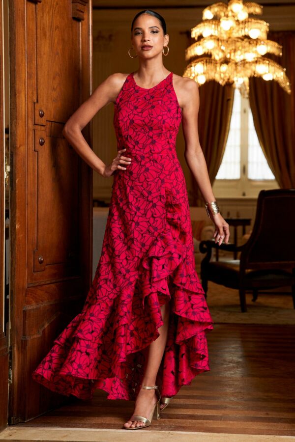 High Neck Lace Ruffle Gown