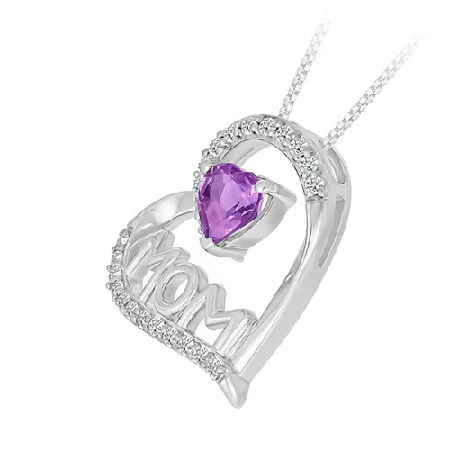 Amethyst and Created White Sapphire Mom Heart