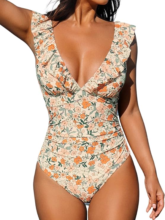 Women's Ruffled One Piece Swimsuit V Neck Lace Up